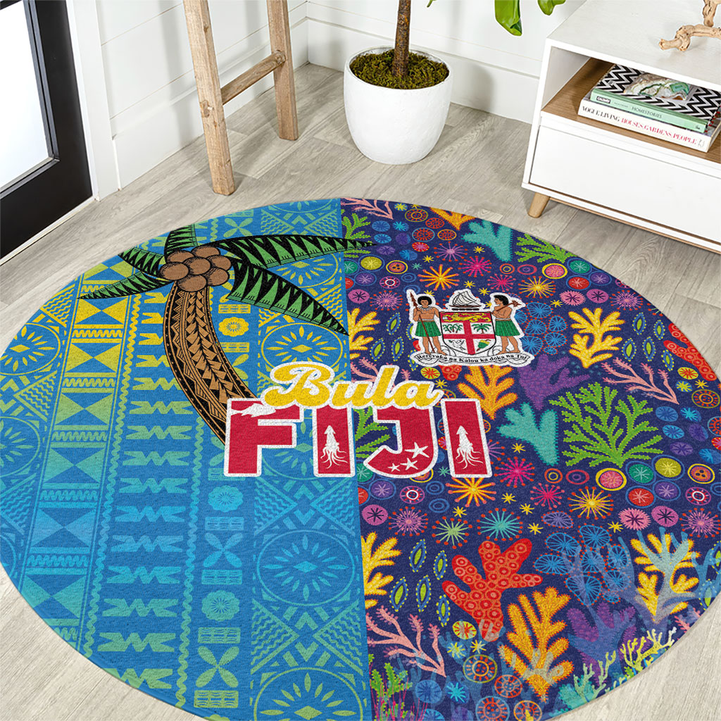 Fijian Coral Reef Round Carpet with Traditional Tapa Pattern Split Style