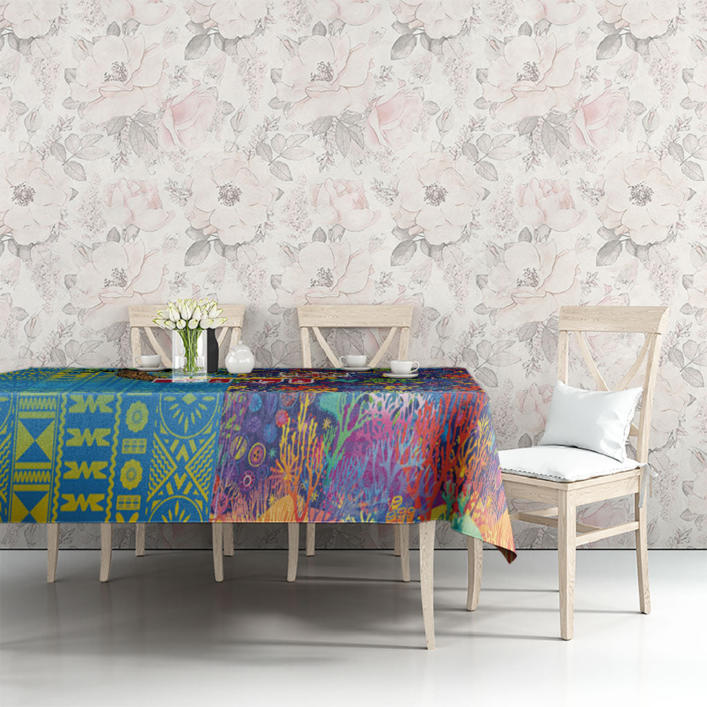 Fijian Coral Reef Tablecloth with Traditional Tapa Pattern Split Style