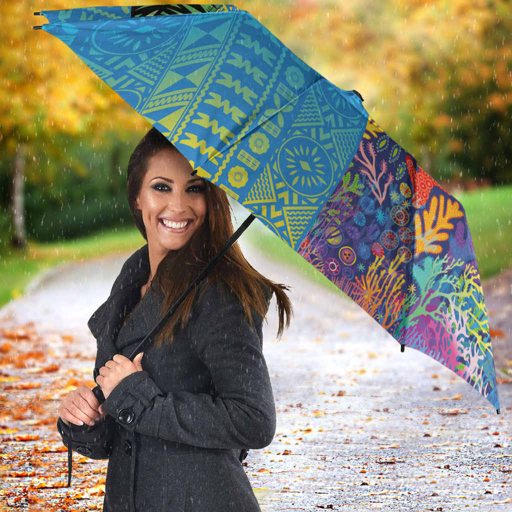 Fijian Coral Reef Umbrella with Traditional Tapa Pattern Split Style