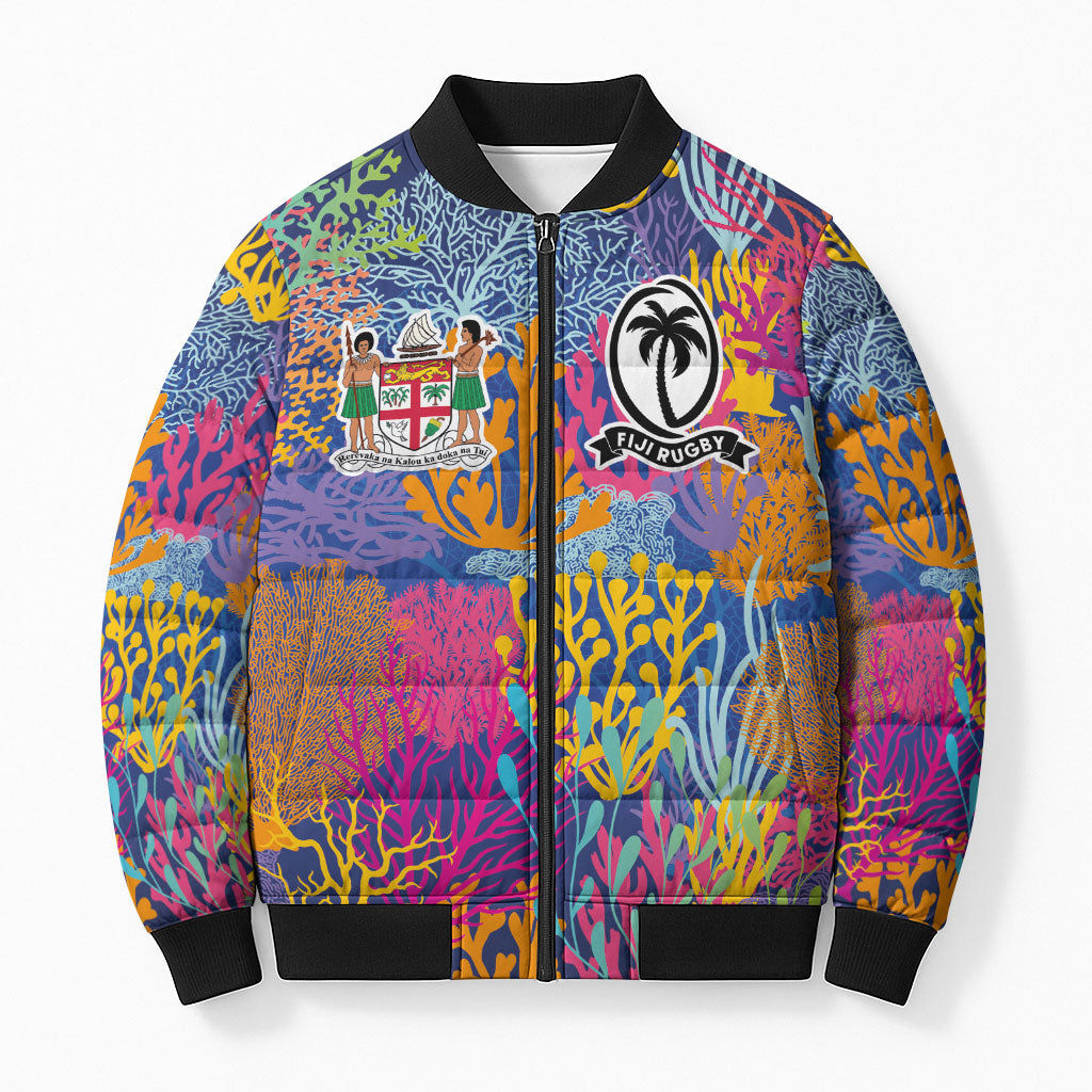 Custom Fijian Rugby Bomber Puffer Jacket Colorful Coral Reef Pre Match Design