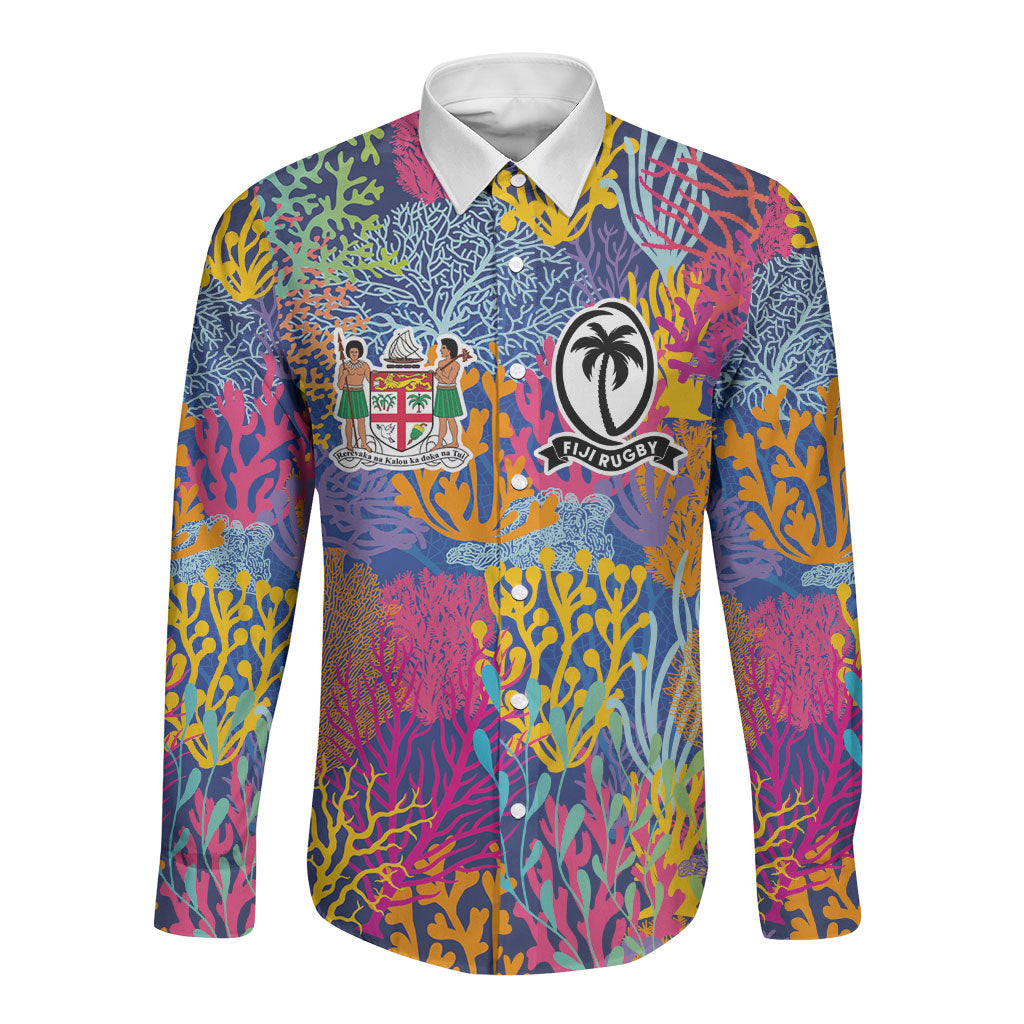 Custom Fijian Rugby Long Sleeve Button Shirt Colorful Coral Reef Pre Match Design