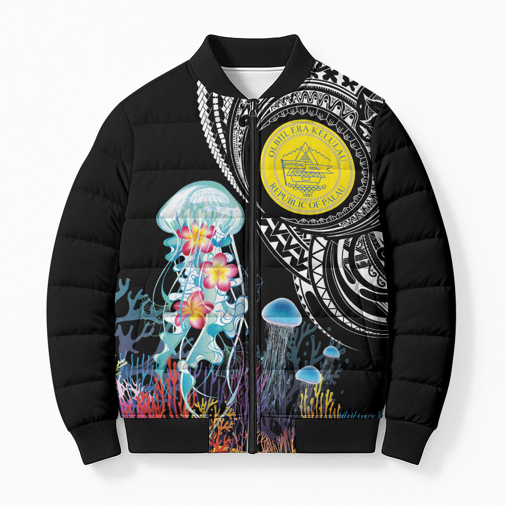 Palau Jellyfish Bomber Puffer Jacket Coral Reef with Polynesian Pattern