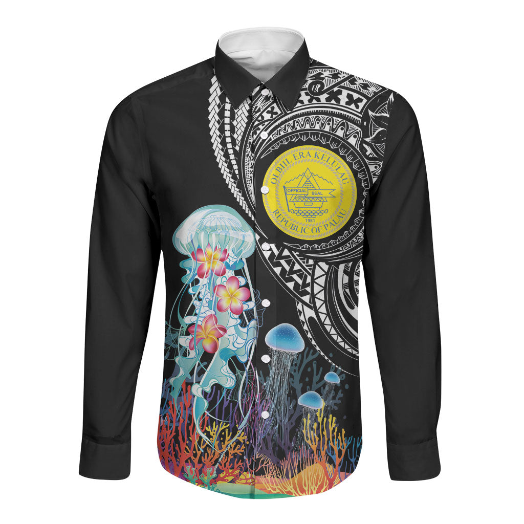 Palau Jellyfish Long Sleeve Button Shirt Coral Reef with Polynesian Pattern