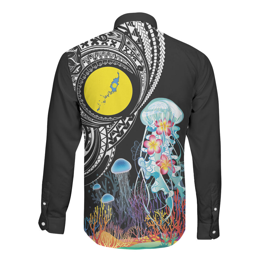 Palau Jellyfish Long Sleeve Button Shirt Coral Reef with Polynesian Pattern