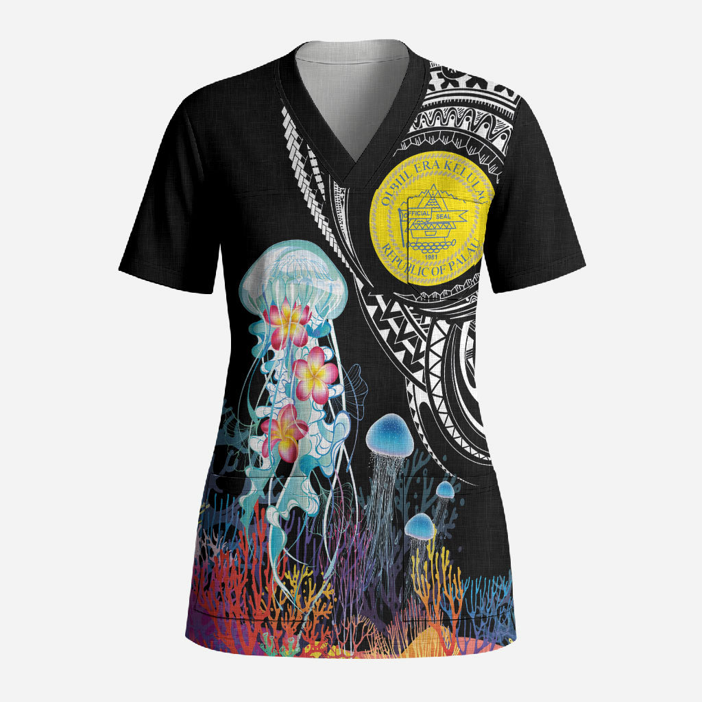 Palau Jellyfish Scrub Top Coral Reef with Polynesian Pattern