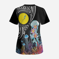 Palau Jellyfish Scrub Top Coral Reef with Polynesian Pattern