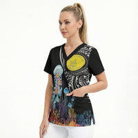 Palau Jellyfish Scrub Top Coral Reef with Polynesian Pattern