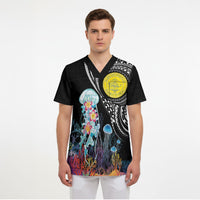 Palau Jellyfish Scrub Top Coral Reef with Polynesian Pattern