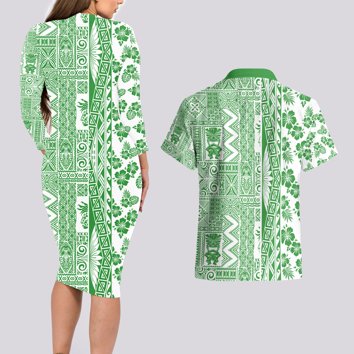 Hawaii Couples Matching Long Sleeve Bodycon Dress and Hawaiian Shirt Aloha Tropical Plants Tribal Pattern Green Version LT03 - Polynesian Pride