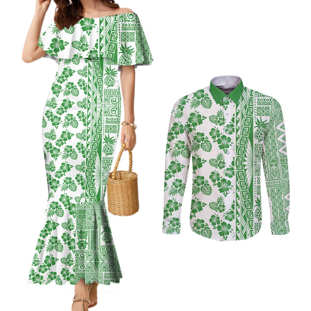 Hawaii Couples Matching Mermaid Dress and Long Sleeve Button Shirt Aloha Tropical Plants Tribal Pattern Green Version LT03 Green - Polynesian Pride