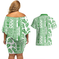 Hawaii Couples Matching Off Shoulder Short Dress and Hawaiian Shirt Aloha Tropical Plants Tribal Pattern Green Version LT03 - Polynesian Pride