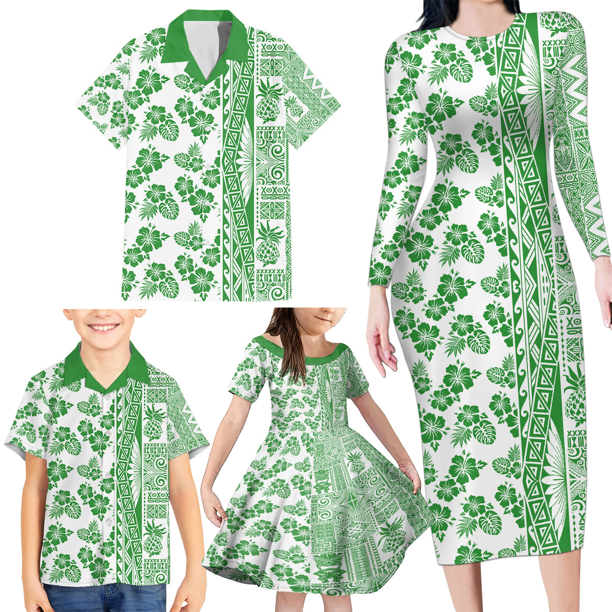 Hawaii Family Matching Long Sleeve Bodycon Dress and Hawaiian Shirt Aloha Tropical Plants Tribal Pattern Green Version LT03 - Polynesian Pride