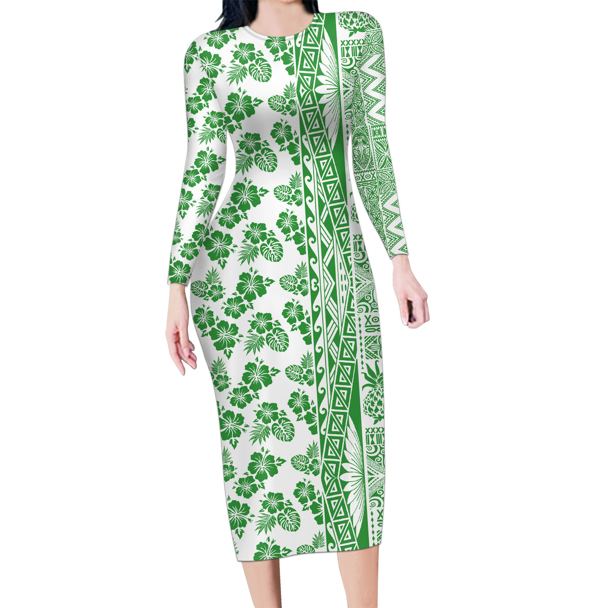 Hawaii Family Matching Long Sleeve Bodycon Dress and Hawaiian Shirt Aloha Tropical Plants Tribal Pattern Green Version LT03 Mom's Dress Green - Polynesian Pride