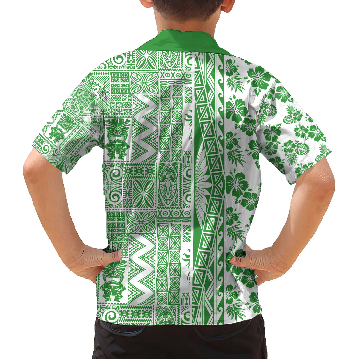 Hawaii Family Matching Puletasi Dress and Hawaiian Shirt Aloha Tropical Plants Tribal Pattern Green Version LT03 - Polynesian Pride