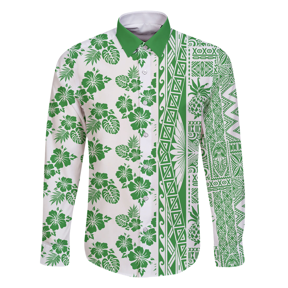 Hawaii Family Matching Short Sleeve Bodycon Dress and Hawaiian Shirt Aloha Tropical Plants Tribal Pattern Green Version LT03 Dad's Shirt - Long Sleeve Green - Polynesian Pride