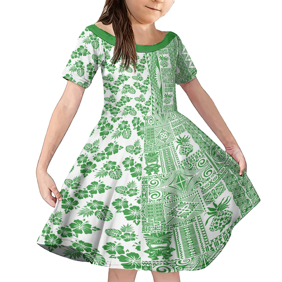 Hawaii Family Matching Tank Maxi Dress and Hawaiian Shirt Aloha Tropical Plants Tribal Pattern Green Version LT03 Daughter's Dress Green - Polynesian Pride