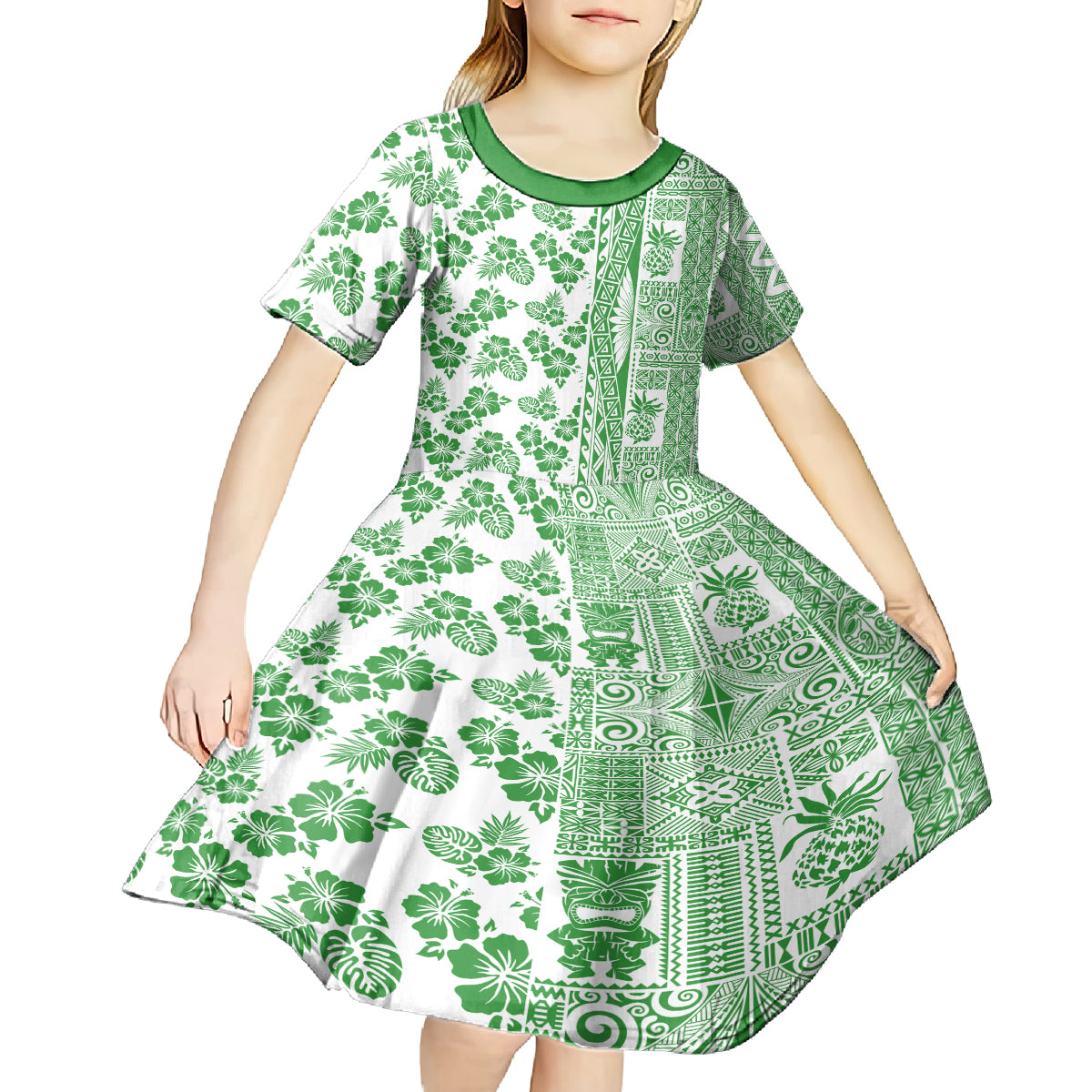 Hawaii Kid Short Sleeve Dress Aloha Tropical Plants Tribal Pattern Green Version LT03 - Polynesian Pride