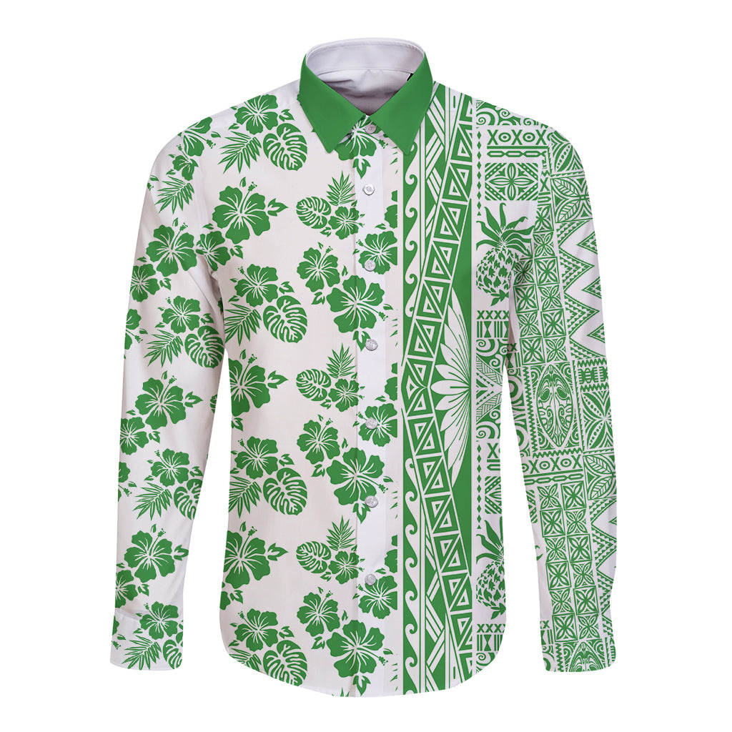 Hawaii Long Sleeve Button Shirt Aloha Tropical Plants Tribal Pattern Green Version LT03 Unisex Green - Polynesian Pride