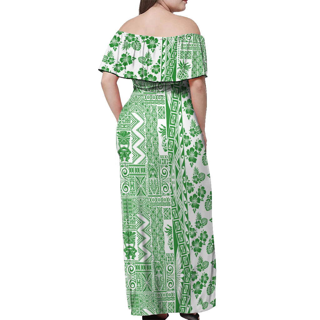 Hawaii Off Shoulder Maxi Dress Aloha Tropical Plants Tribal Pattern Green Version LT03 - Polynesian Pride