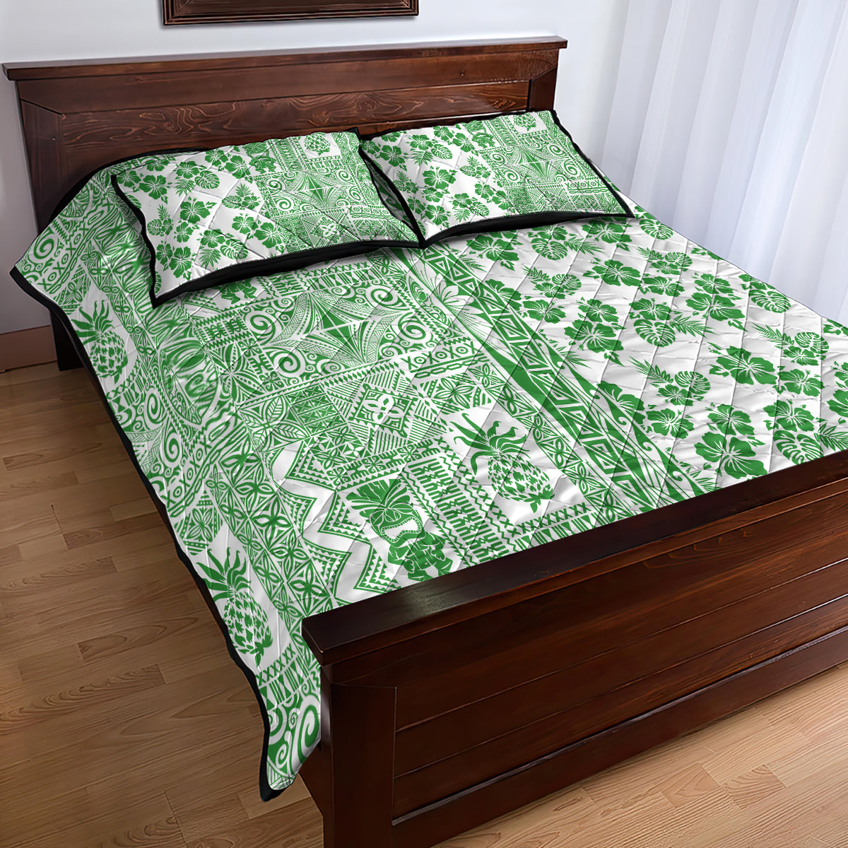 Hawaii Quilt Bed Set Aloha Tropical Plants Tribal Pattern Green Version LT03 - Polynesian Pride