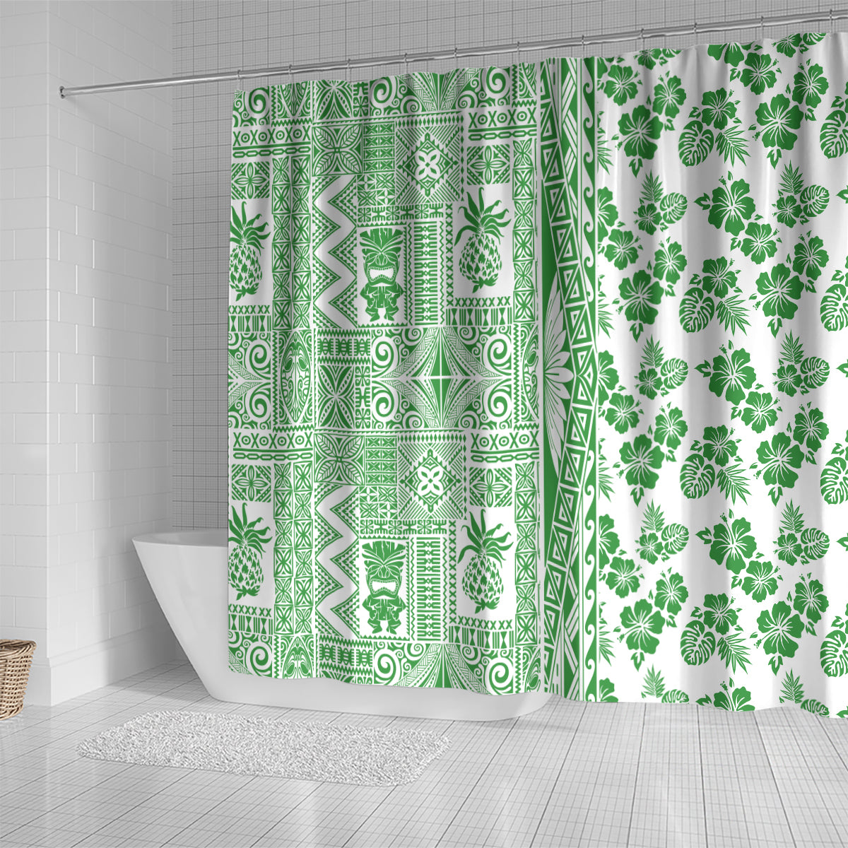 Hawaii Shower Curtain Aloha Tropical Plants Tribal Pattern Green Version LT03 - Polynesian Pride