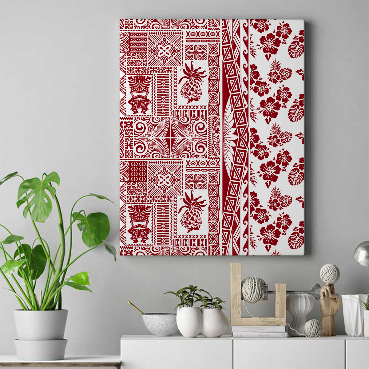 Hawaii Canvas Wall Art Aloha Tropical Plants Tribal Pattern Red Version LT03 Red - Polynesian Pride