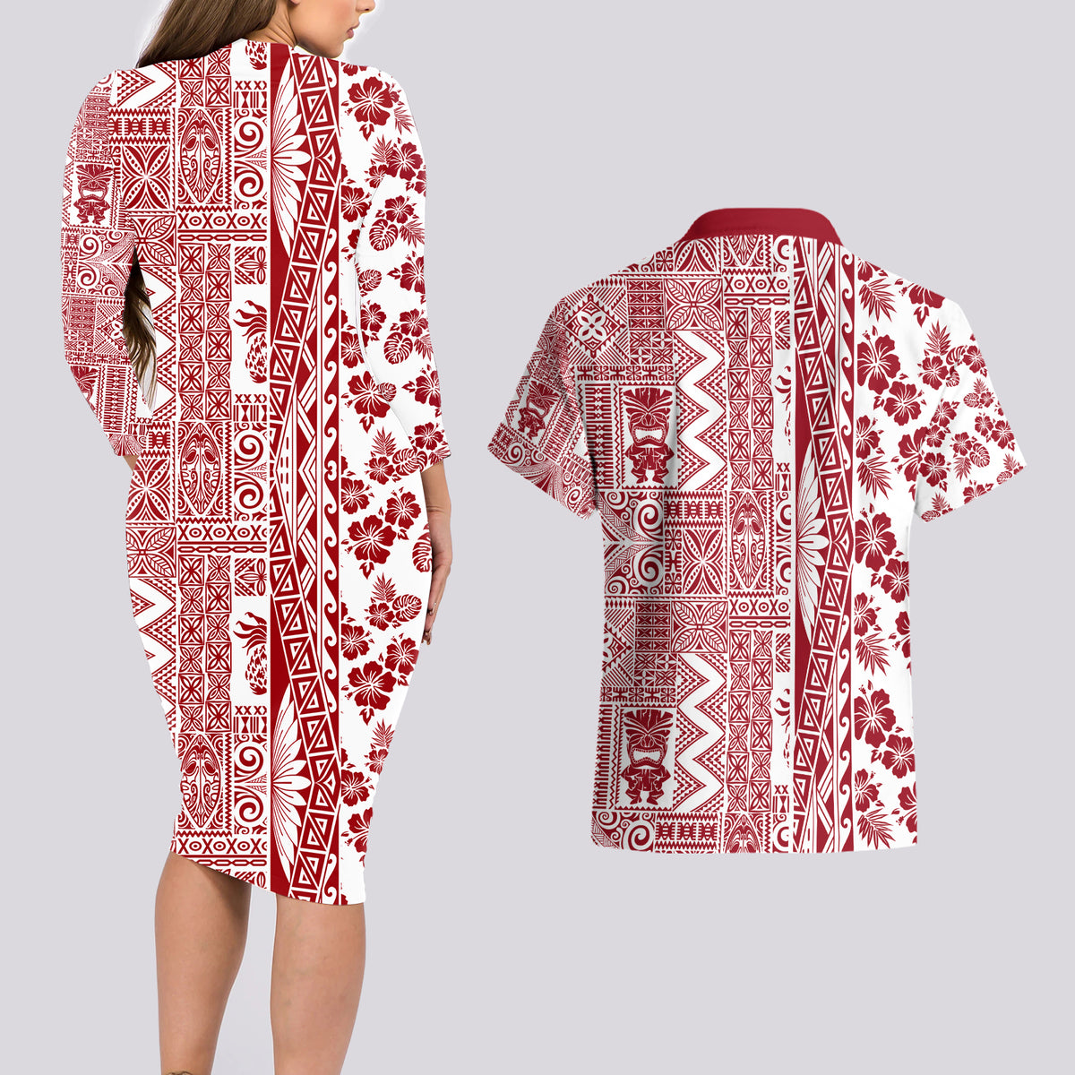 Hawaii Couples Matching Long Sleeve Bodycon Dress and Hawaiian Shirt Aloha Tropical Plants Tribal Pattern Red Version LT03 - Polynesian Pride