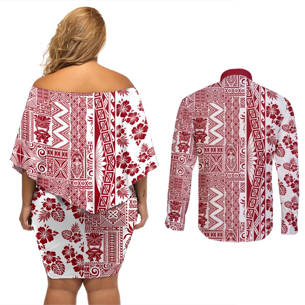Hawaii Couples Matching Off Shoulder Short Dress and Long Sleeve Button Shirt Aloha Tropical Plants Tribal Pattern Red Version LT03 - Polynesian Pride