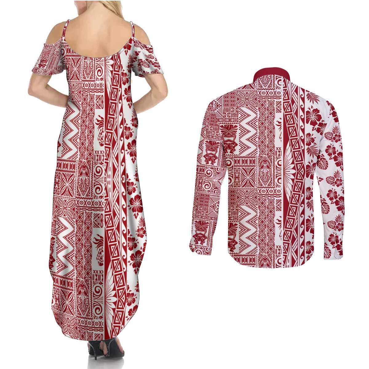 Hawaii Couples Matching Summer Maxi Dress and Long Sleeve Button Shirt Aloha Tropical Plants Tribal Pattern Red Version LT03 - Polynesian Pride