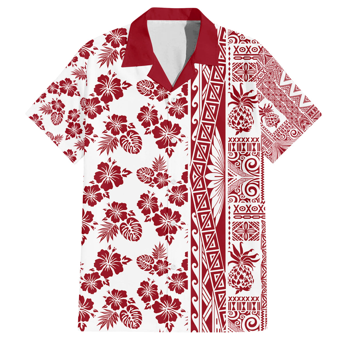 Hawaii Family Matching Off Shoulder Long Sleeve Dress and Hawaiian Shirt Aloha Tropical Plants Tribal Pattern Red Version LT03 Dad's Shirt - Short Sleeve Red - Polynesian Pride