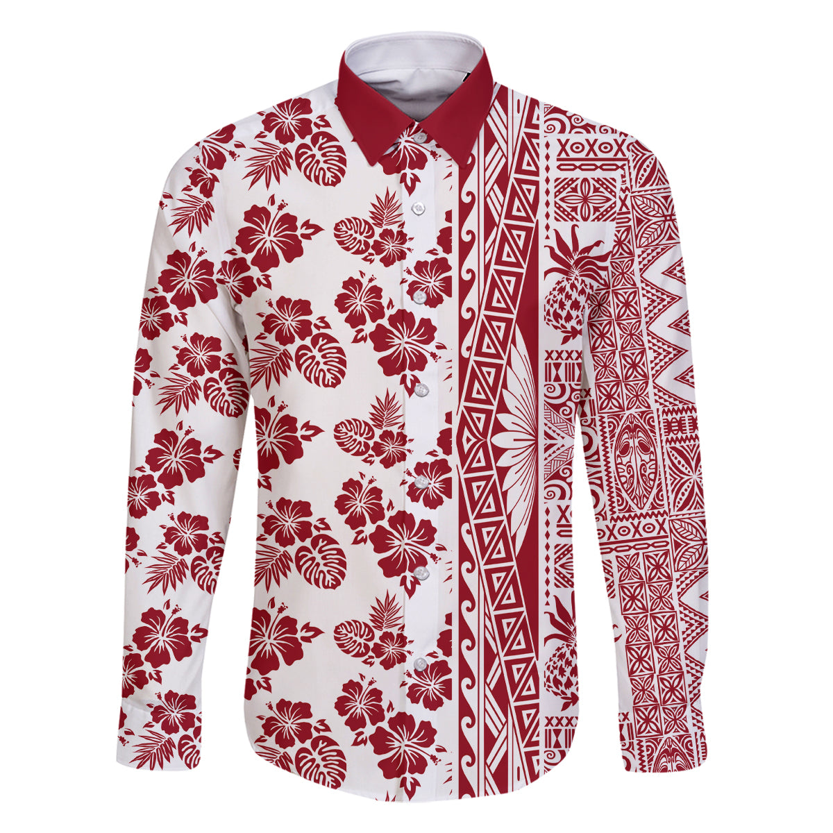 Hawaii Family Matching Off Shoulder Maxi Dress and Hawaiian Shirt Aloha Tropical Plants Tribal Pattern Red Version LT03 Dad's Shirt - Long Sleeve Red - Polynesian Pride