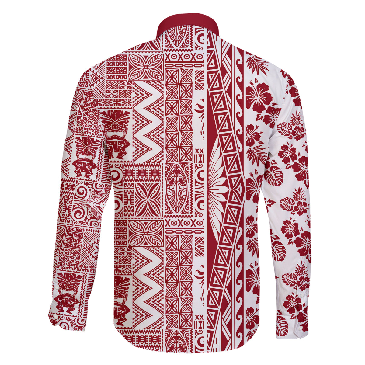 Hawaii Family Matching Off Shoulder Maxi Dress and Hawaiian Shirt Aloha Tropical Plants Tribal Pattern Red Version LT03 - Polynesian Pride