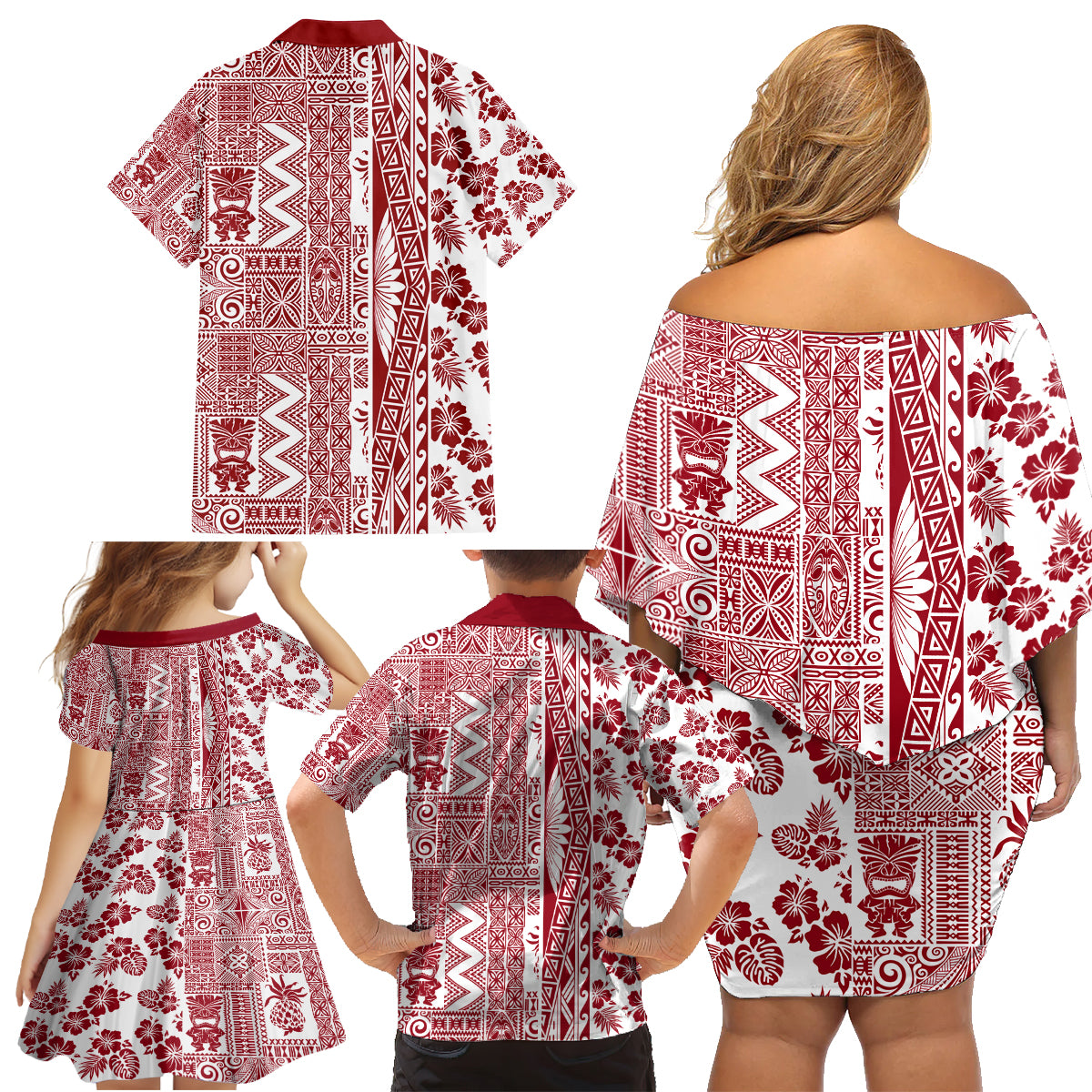 Hawaii Family Matching Off Shoulder Short Dress and Hawaiian Shirt Aloha Tropical Plants Tribal Pattern Red Version LT03 - Polynesian Pride