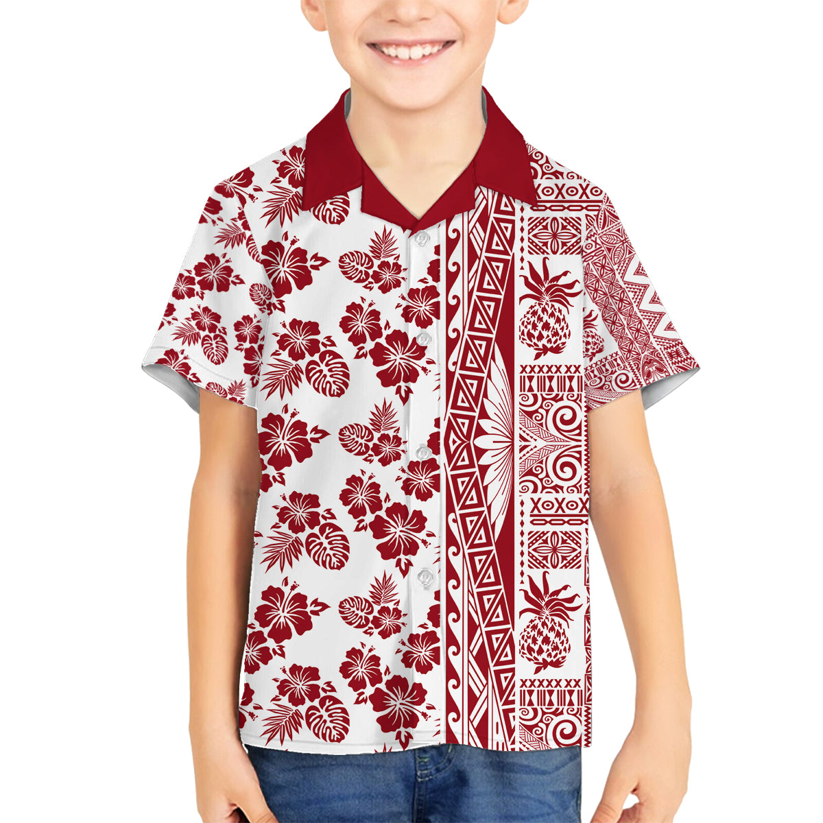 Hawaii Family Matching Puletasi Dress and Hawaiian Shirt Aloha Tropical Plants Tribal Pattern Red Version LT03 Son's Shirt Red - Polynesian Pride