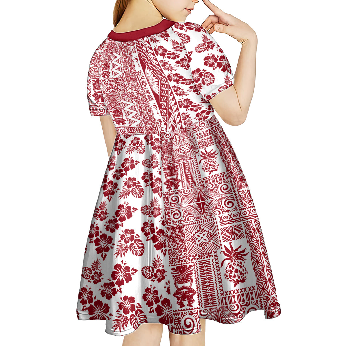 Hawaii Kid Short Sleeve Dress Aloha Tropical Plants Tribal Pattern Red Version LT03 - Polynesian Pride