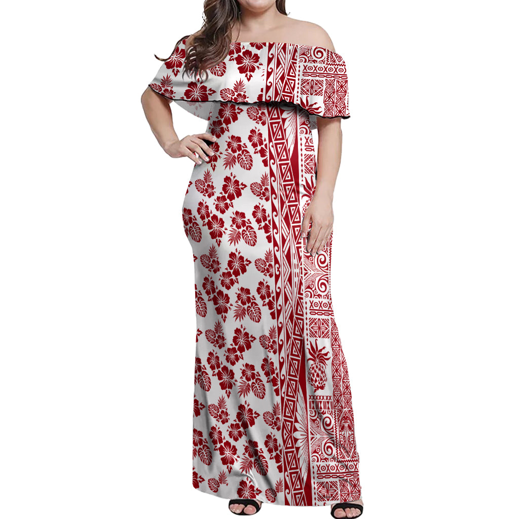 Hawaii Off Shoulder Maxi Dress Aloha Tropical Plants Tribal Pattern Red Version LT03 Women Red - Polynesian Pride