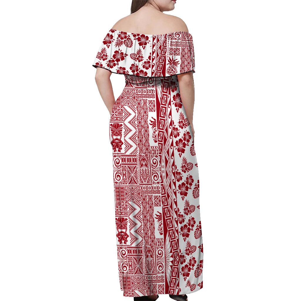 Hawaii Off Shoulder Maxi Dress Aloha Tropical Plants Tribal Pattern Red Version LT03 - Polynesian Pride