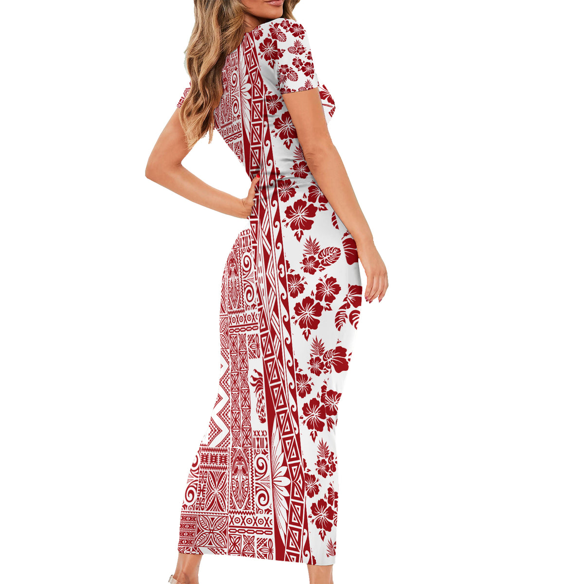 Hawaii Short Sleeve Bodycon Dress Aloha Tropical Plants Tribal Pattern Red Version LT03 - Polynesian Pride