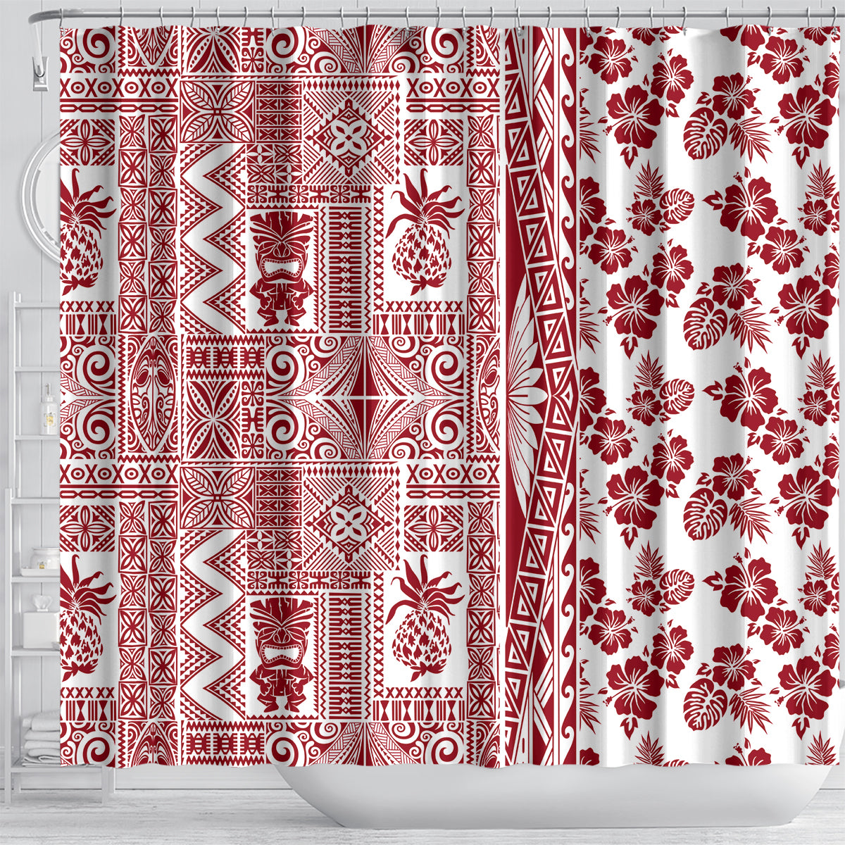 Hawaii Shower Curtain Aloha Tropical Plants Tribal Pattern Red Version LT03 - Polynesian Pride