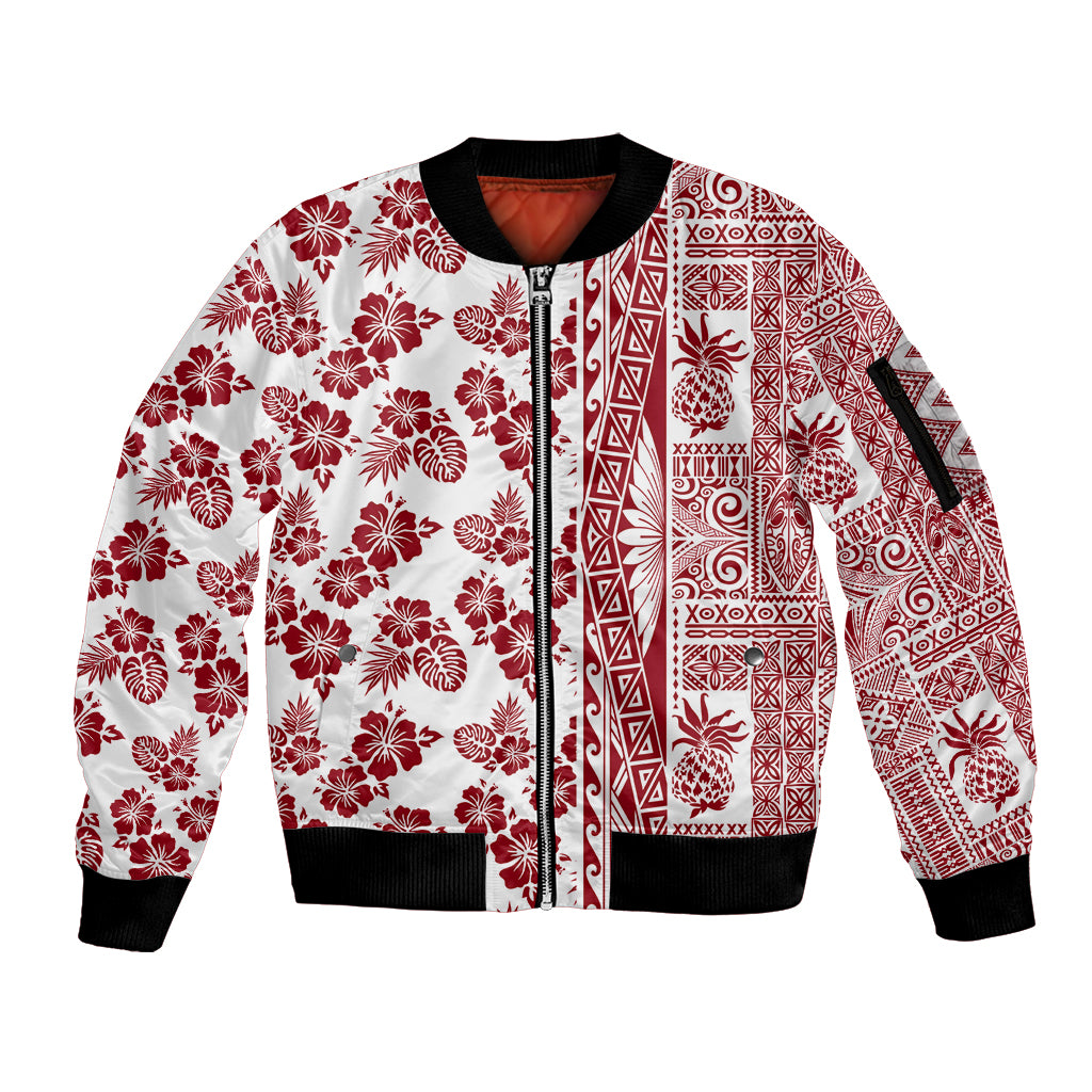 Hawaii Sleeve Zip Bomber Jacket Aloha Tropical Plants Tribal Pattern Red Version LT03 Unisex Red - Polynesian Pride