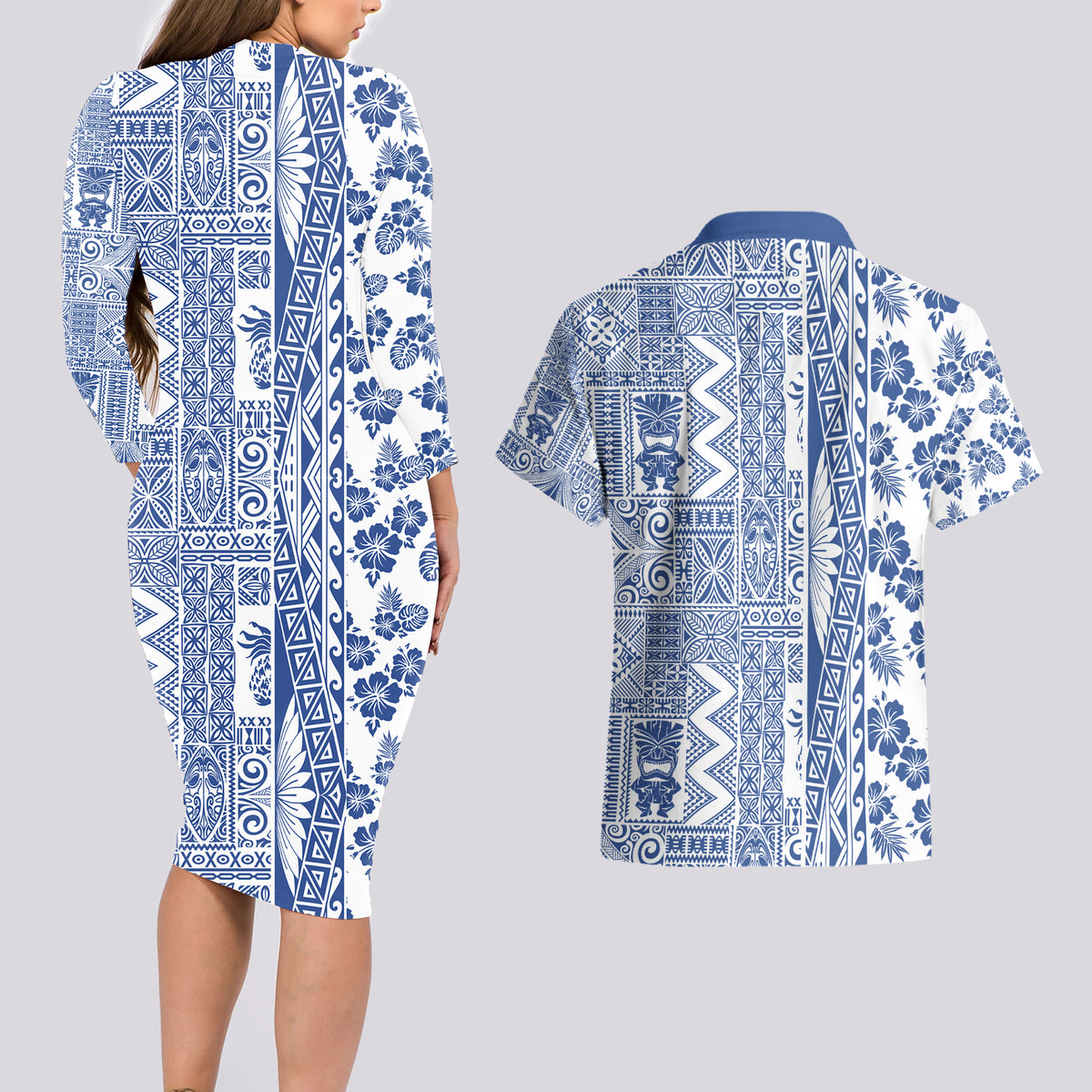 Hawaii Couples Matching Long Sleeve Bodycon Dress and Hawaiian Shirt Aloha Tropical Plants Tribal Pattern Blue Version LT03 - Polynesian Pride