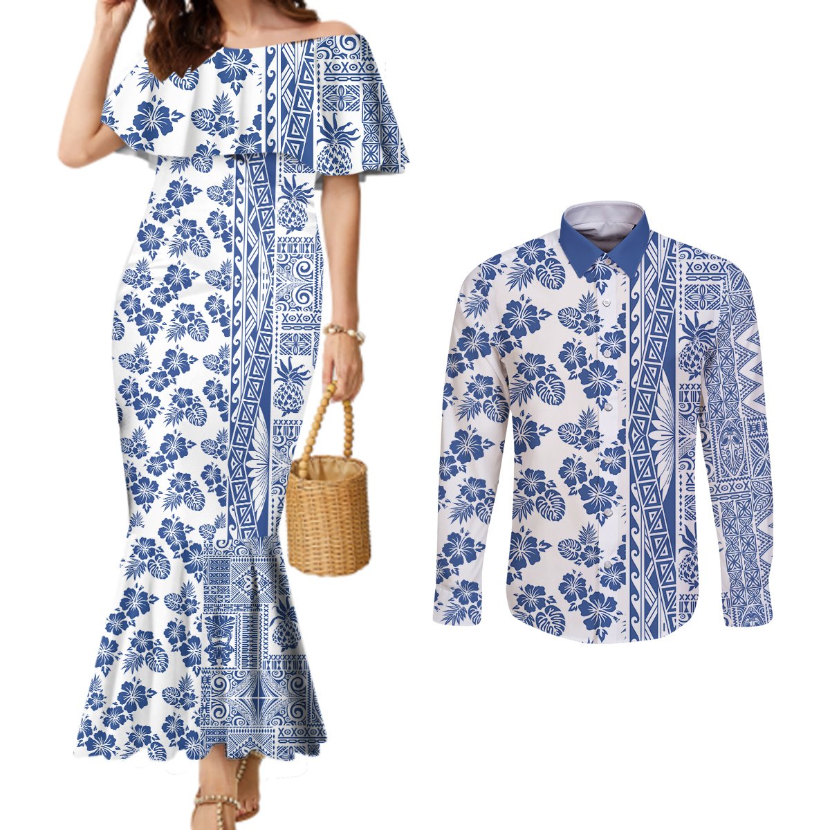 Hawaii Couples Matching Mermaid Dress and Long Sleeve Button Shirt Aloha Tropical Plants Tribal Pattern Blue Version LT03 Blue - Polynesian Pride