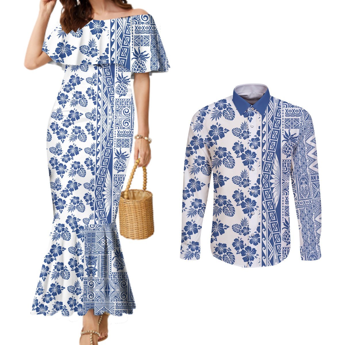 Hawaii Couples Matching Mermaid Dress and Long Sleeve Button Shirt Aloha Tropical Plants Tribal Pattern Blue Version LT03 Blue - Polynesian Pride