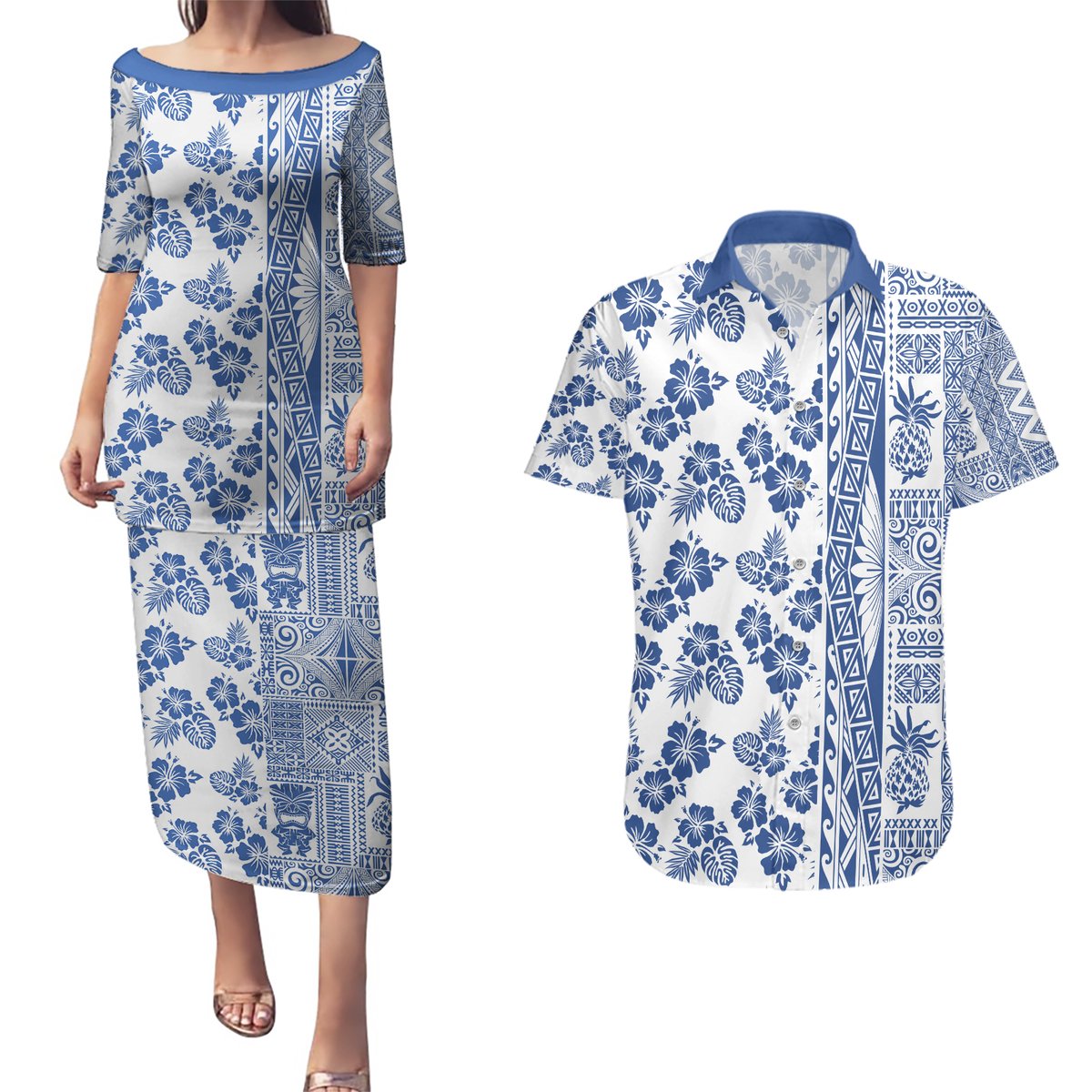 Hawaii Couples Matching Puletasi Dress and Hawaiian Shirt Aloha Tropical Plants Tribal Pattern Blue Version LT03 Blue - Polynesian Pride