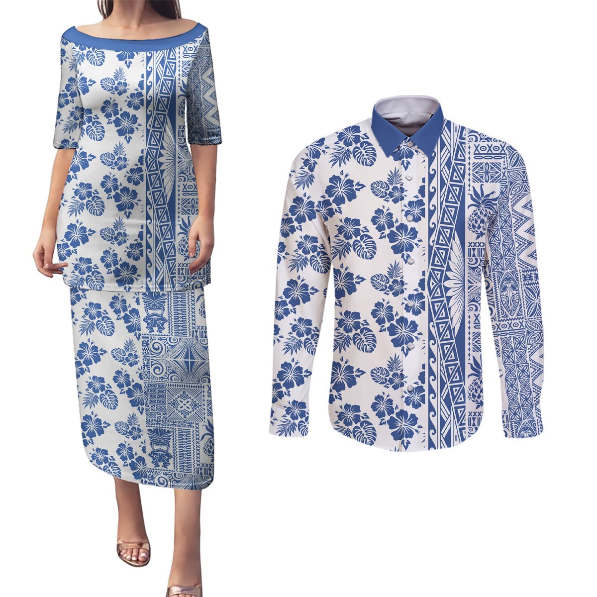 Hawaii Couples Matching Puletasi Dress and Long Sleeve Button Shirt Aloha Tropical Plants Tribal Pattern Blue Version LT03 Blue - Polynesian Pride