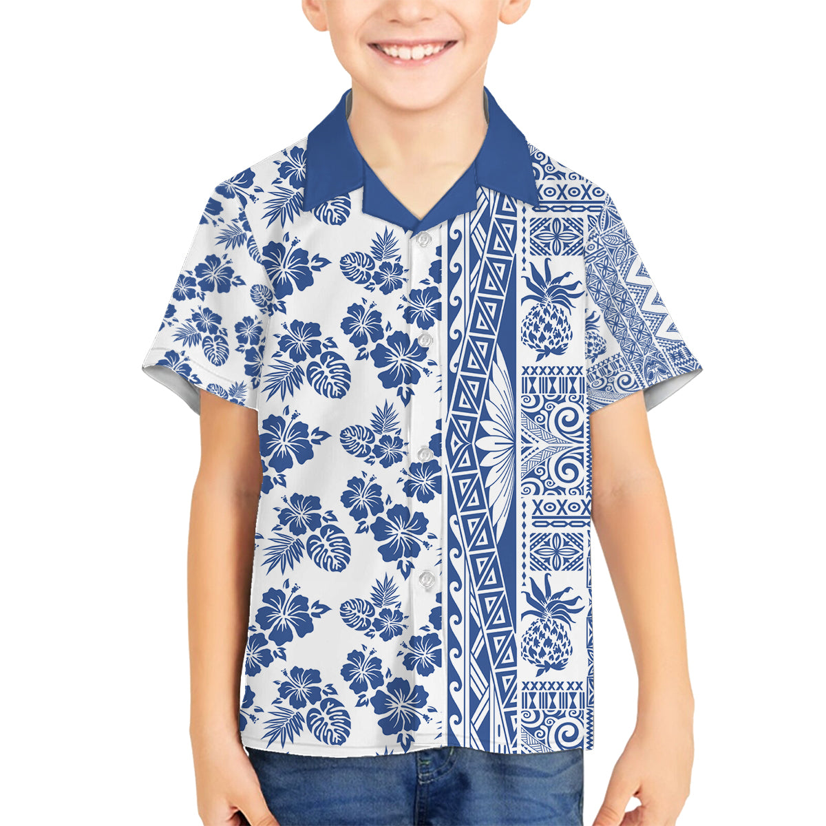 Hawaii Family Matching Off Shoulder Maxi Dress and Hawaiian Shirt Aloha Tropical Plants Tribal Pattern Blue Version LT03 Son's Shirt Blue - Polynesian Pride