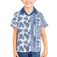 Hawaii Family Matching Off Shoulder Maxi Dress and Hawaiian Shirt Aloha Tropical Plants Tribal Pattern Blue Version LT03 Son's Shirt Blue - Polynesian Pride