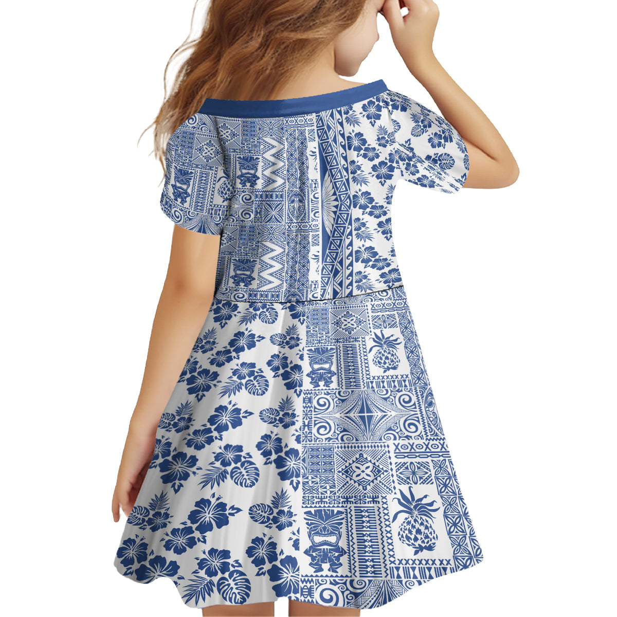 Hawaii Family Matching Puletasi Dress and Hawaiian Shirt Aloha Tropical Plants Tribal Pattern Blue Version LT03 - Polynesian Pride