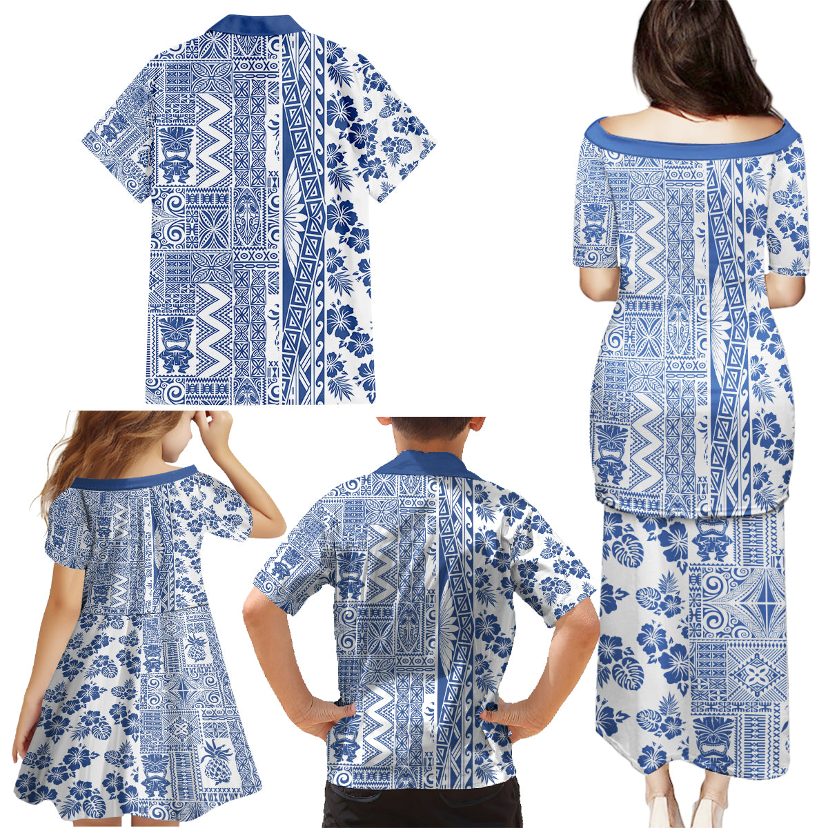 Hawaii Family Matching Puletasi Dress and Hawaiian Shirt Aloha Tropical Plants Tribal Pattern Blue Version LT03 - Polynesian Pride