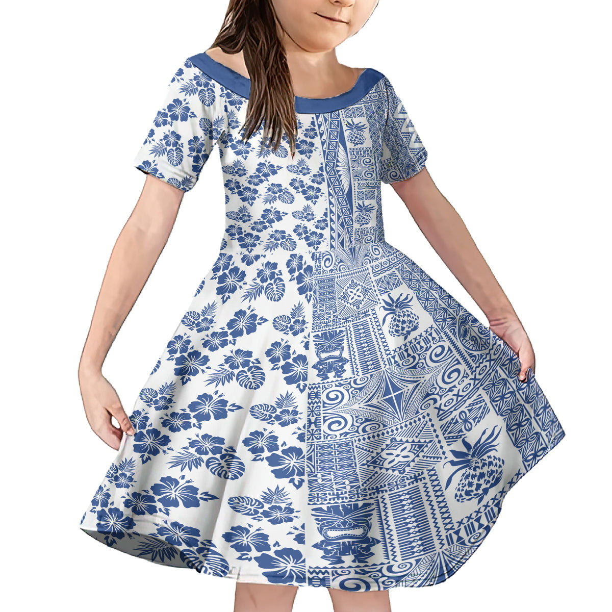 Hawaii Family Matching Short Sleeve Bodycon Dress and Hawaiian Shirt Aloha Tropical Plants Tribal Pattern Blue Version LT03 Daughter's Dress Blue - Polynesian Pride